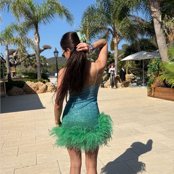 Oseree Blue and Green Feather Trim Dress - Picture 6 of 9